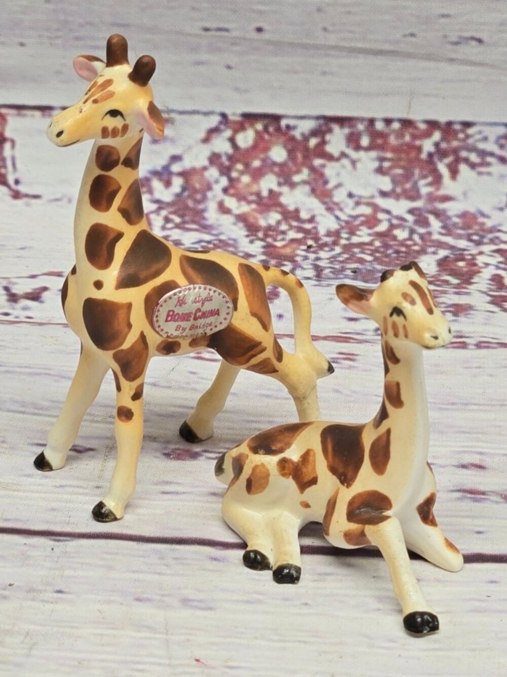 Vintage MCM Bone China Giraffe Mom & baby Figurines Hi Style Bridge Japan Animal